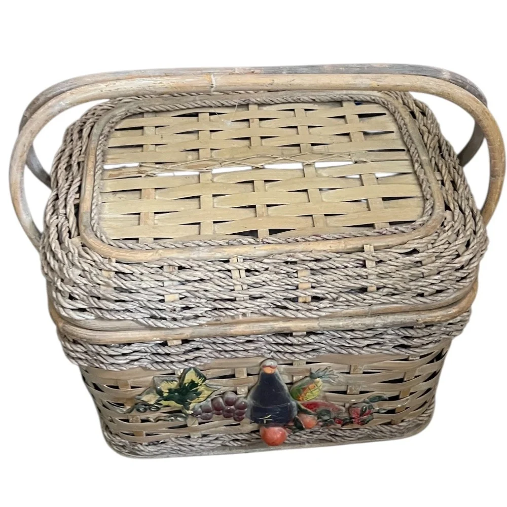 Vintage Large Pastel Rattan Picnic Basket with handles & food blanket